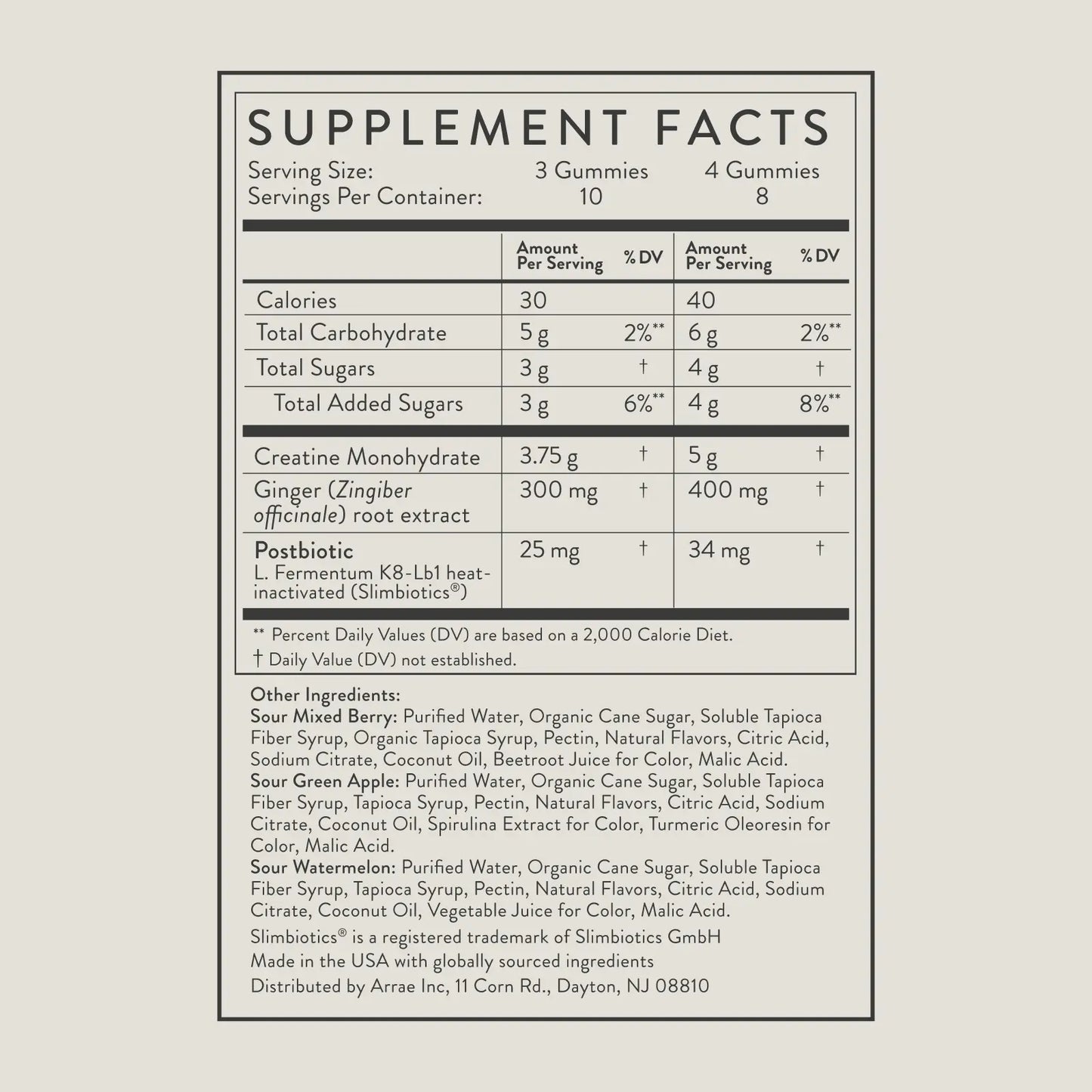 Arrae Tone Variety Creatine Gummies supplement facts and ingredients