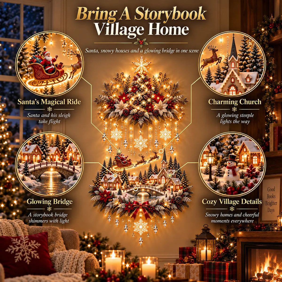 Christmas wall hanging with Santa sleigh church bridge and village details