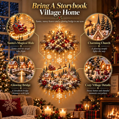 Christmas wall hanging with Santa sleigh church bridge and village details