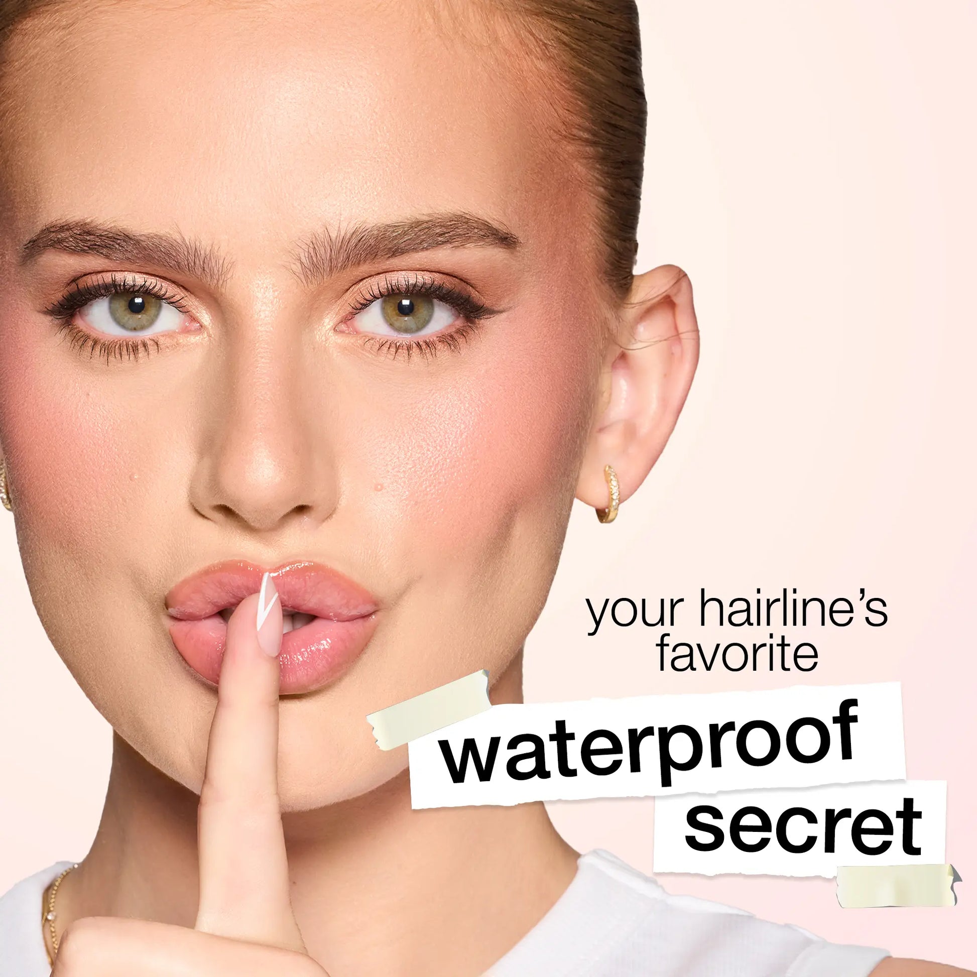 Model with waterproof tarte dab & go hair concealer, your hairline's favorite waterproof secret