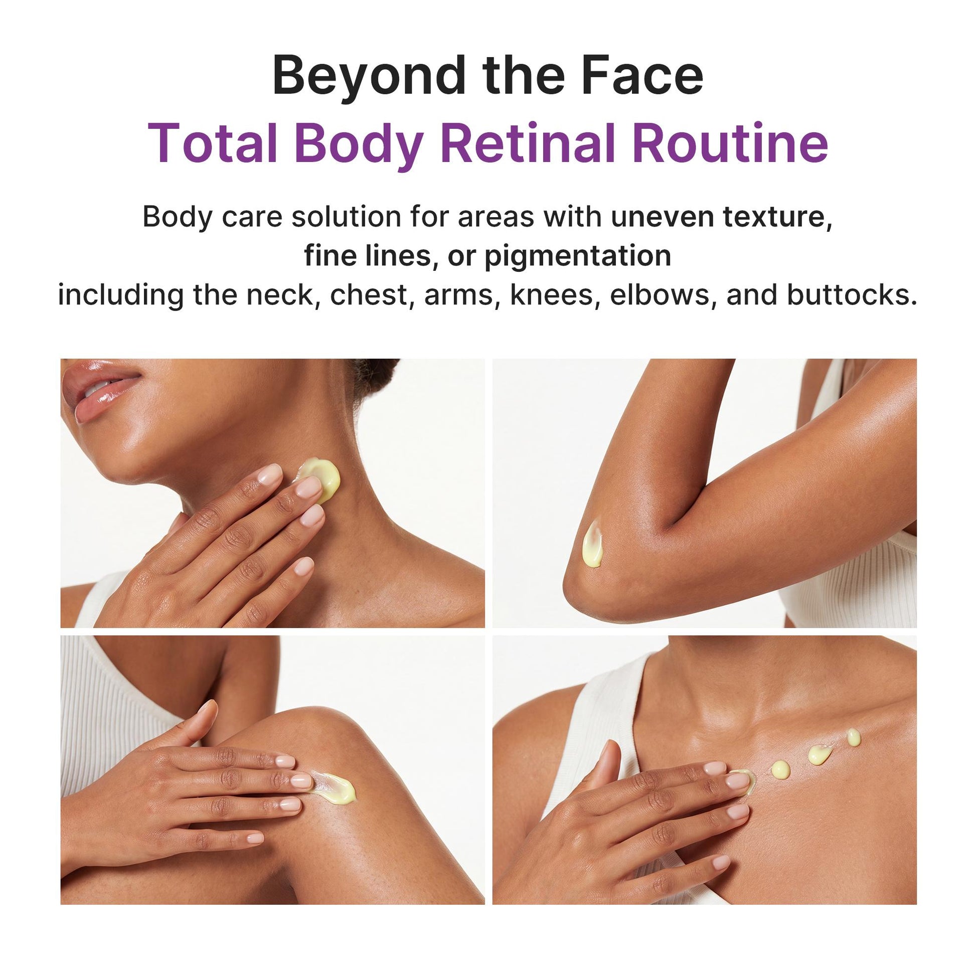 Model applying Vita A Retinal Volume Booster to the neck, elbow, knee and chest