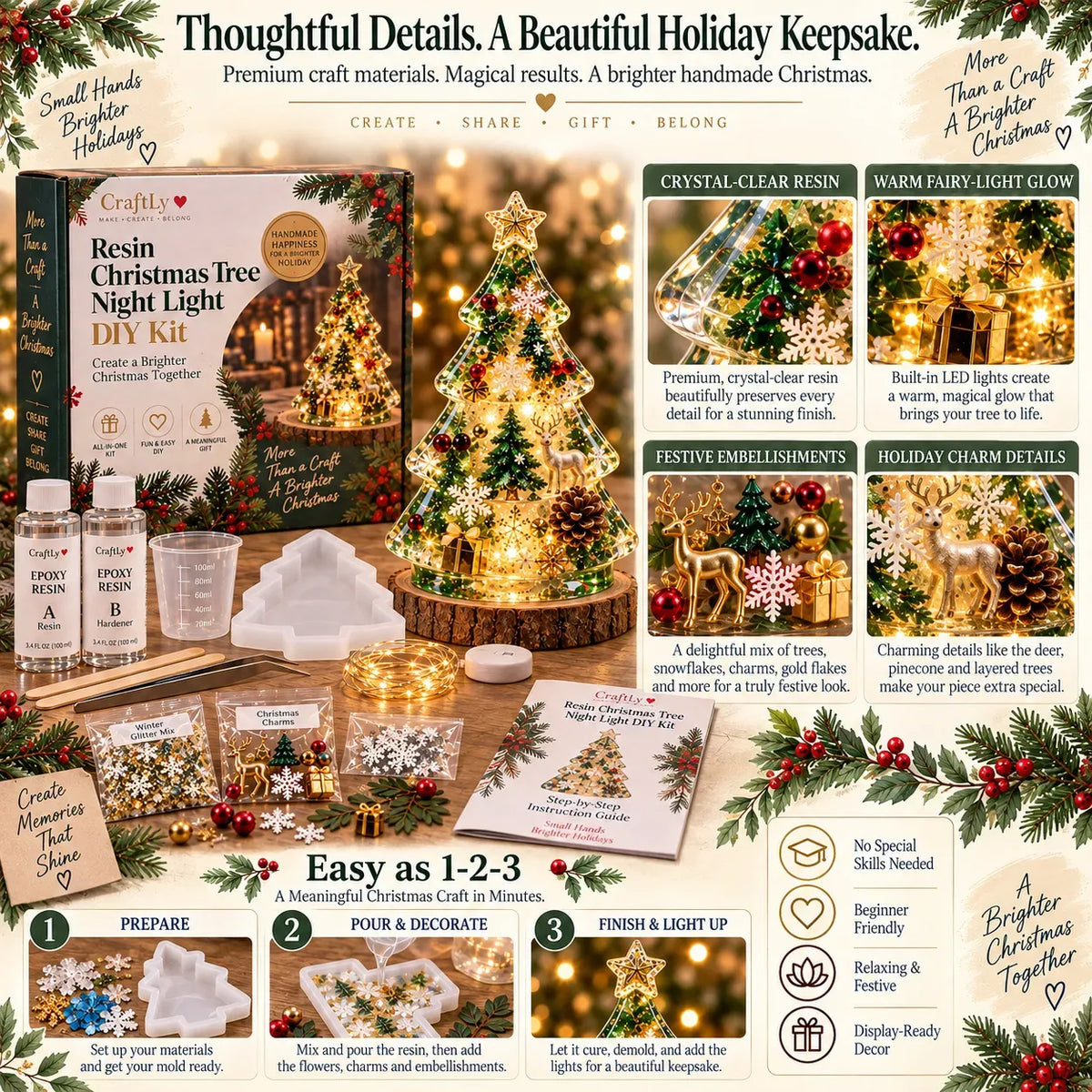 Clear resin tree details with snowflakes charms and warm lights