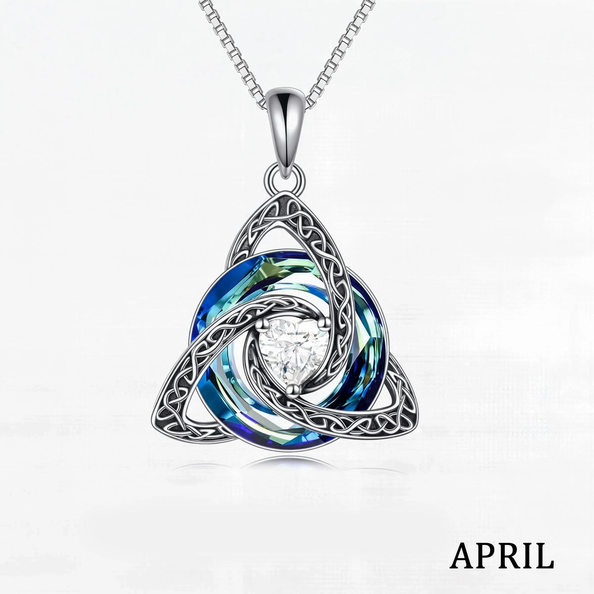 April birthstone Celtic knot necklace with white gift box