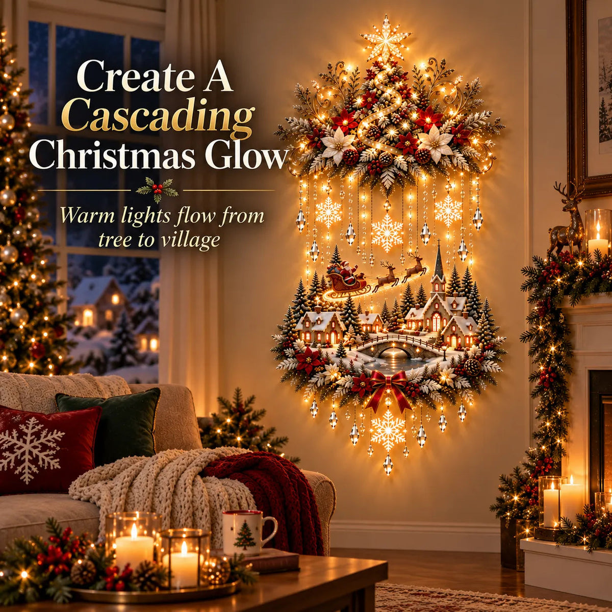 Christmas tree and village wall decor with cascading warm lights