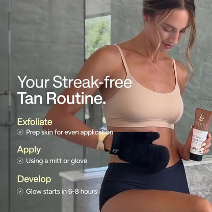 Three-step streak-free self-tan routine: exfoliate, apply and develop