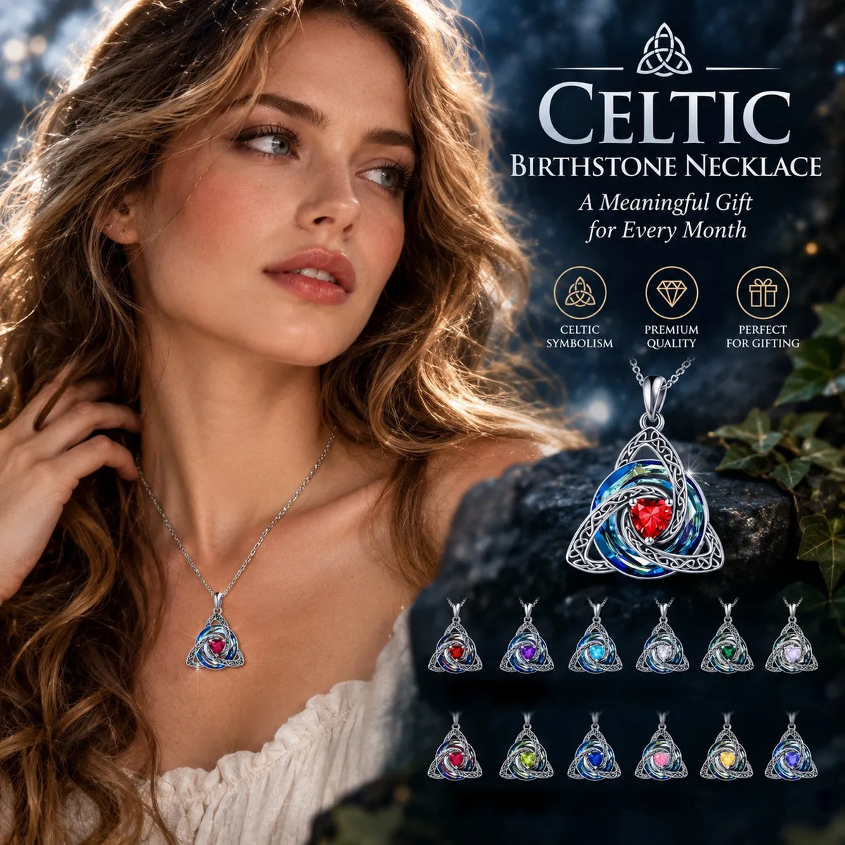 Silver-tone Celtic knot necklace with faceted birthstone crystal