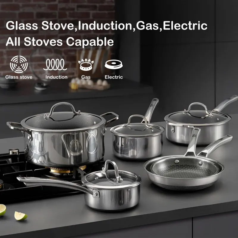 SNOWCLAD 10-Pc & 14-Pc Hybrid Nonstick Stainless Steel Cookware Sets with Thermal Lids - Saucepan, Frying Pans, Pot Sets for Cooking Nonstick, Oven/Dishwasher Safe, Induction Ready, PFOA-Free Kitchen Supplies, Household Items