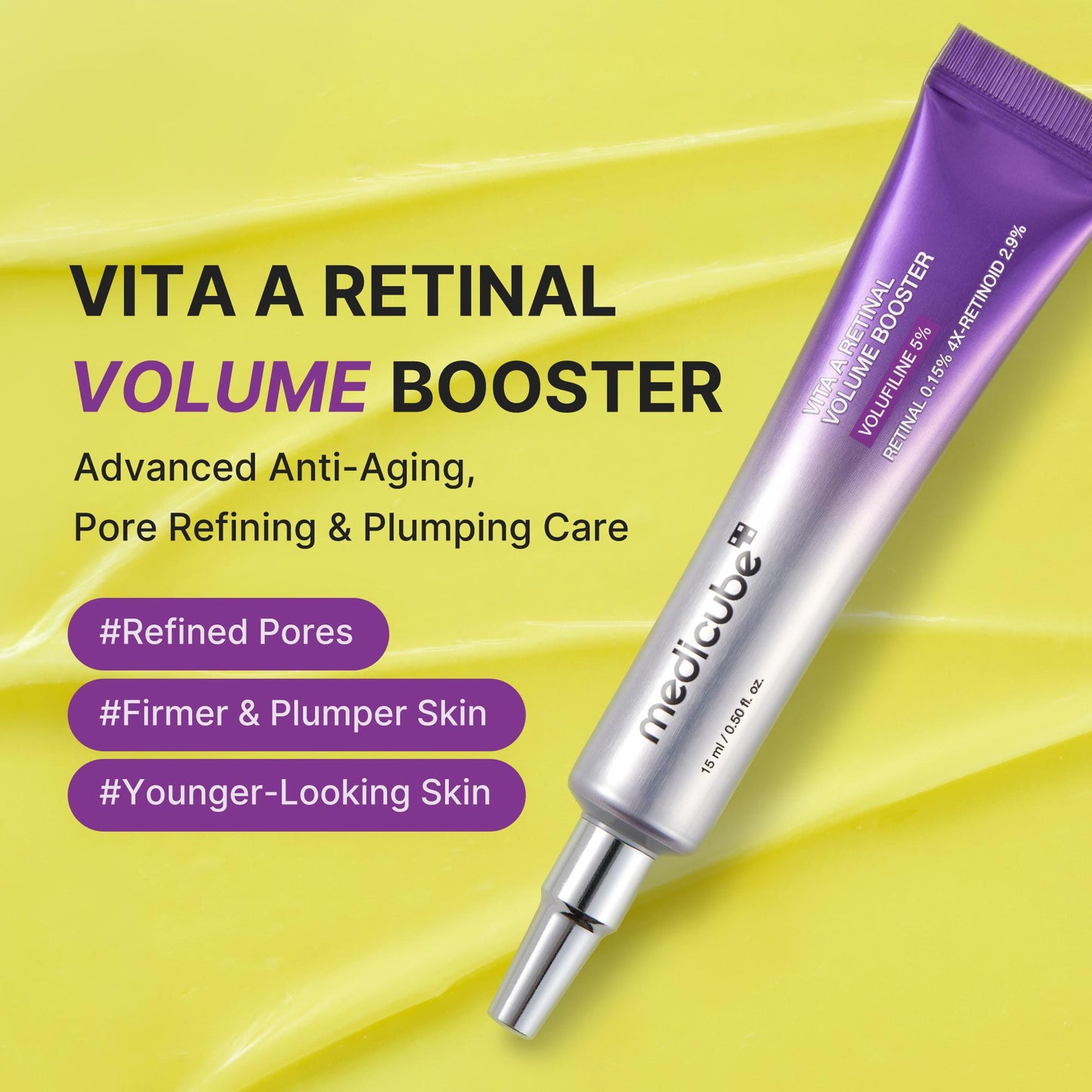 medicube Vita A Retinal Volume Booster 15 mL tube on a yellow formula background