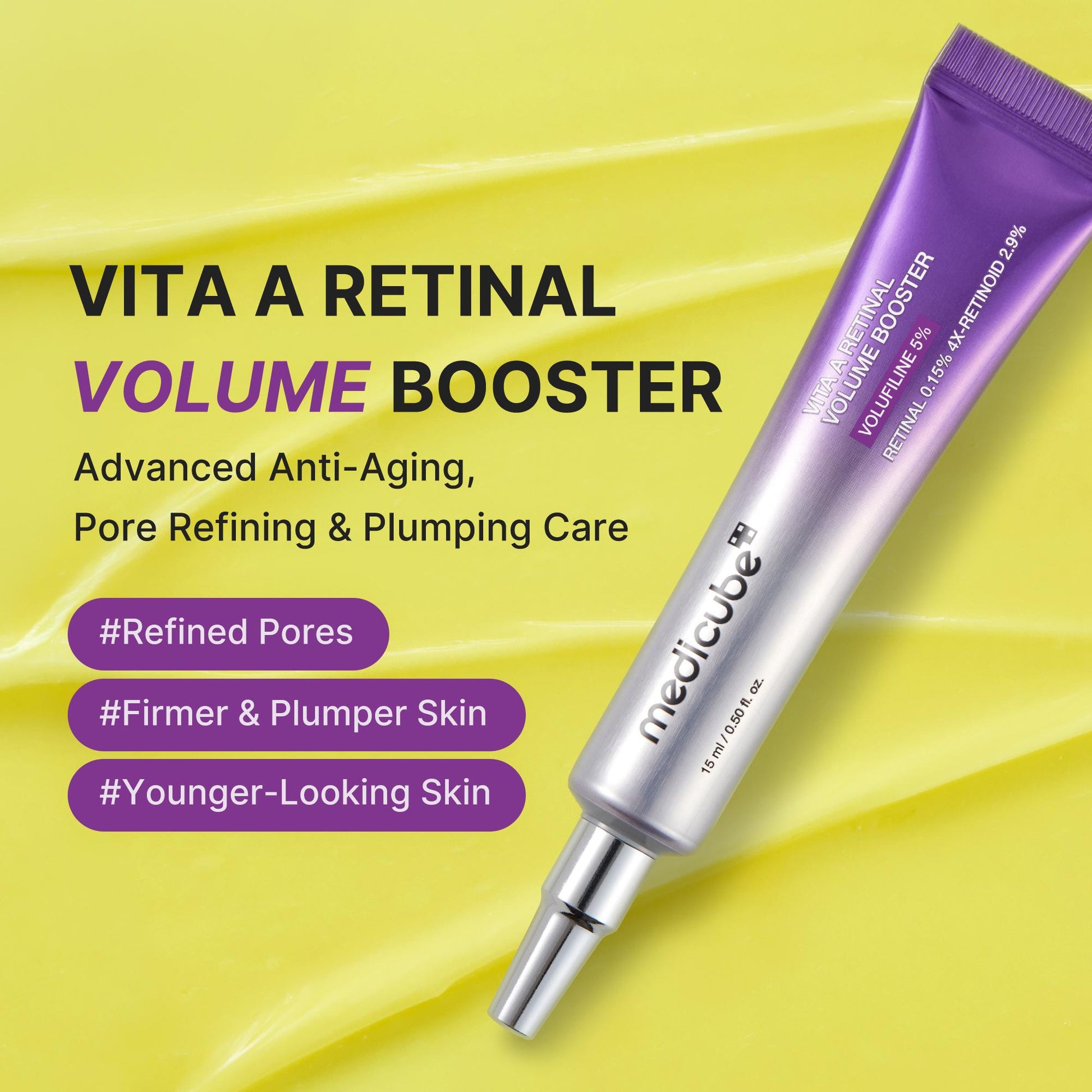 medicube Vita A Retinal Volume Booster 15 mL tube on a yellow formula background