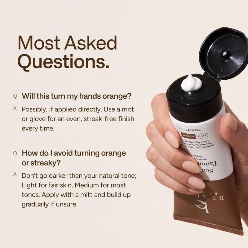 Beauty by Earth self-tanner frequently asked questions about orange tones and streaks