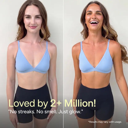 Beauty by Earth self-tanner before-and-after appearance with No streaks. No smell. Just glow. claim; results vary