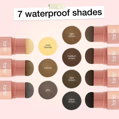Seven waterproof shades: cool blonde, blonde, light brown, medium brown, dark brown, black brown, grey