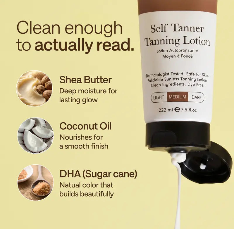 Beauty by Earth self-tanner ingredient benefits featuring shea butter, coconut oil and naturally derived DHA