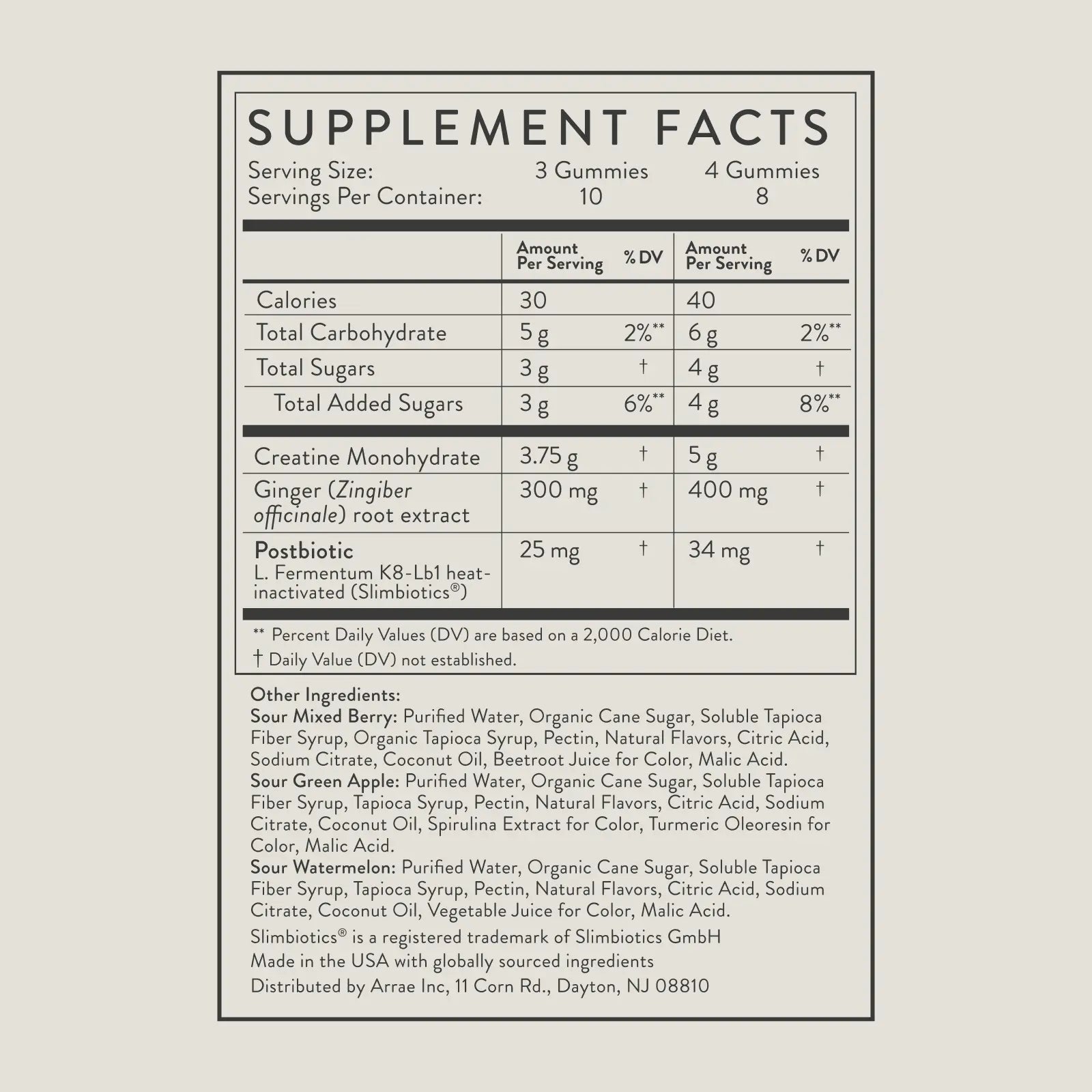 Arrae Tone Variety Creatine Gummies supplement facts and ingredients