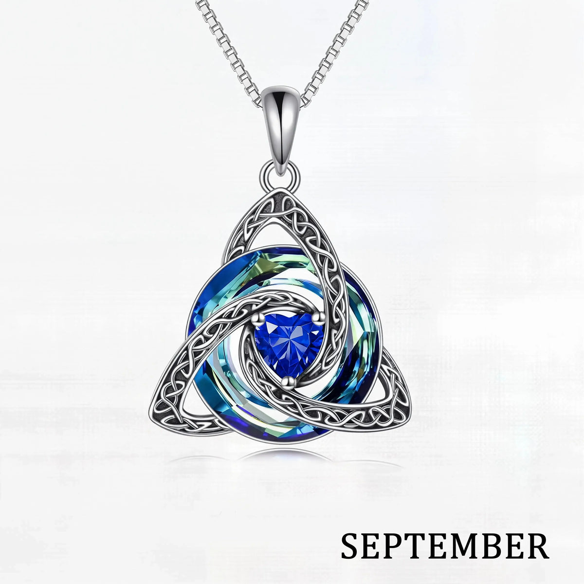 September birthstone Celtic knot necklace with white gift box