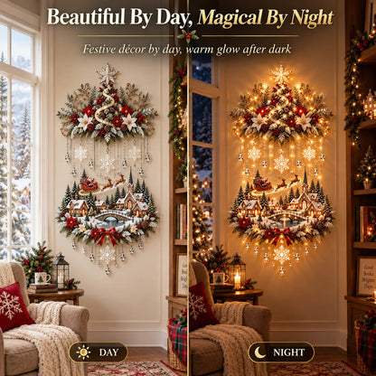 Christmas wall hanging shown by day and glowing at night