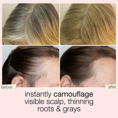 Before and after: visible scalp, thinning roots and grays instantly camouflaged