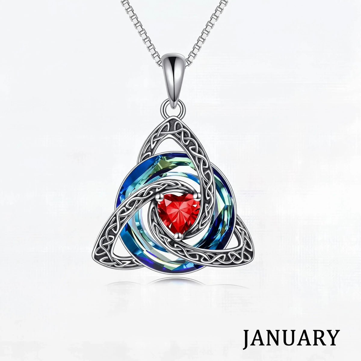 January birthstone Celtic knot necklace with white gift box