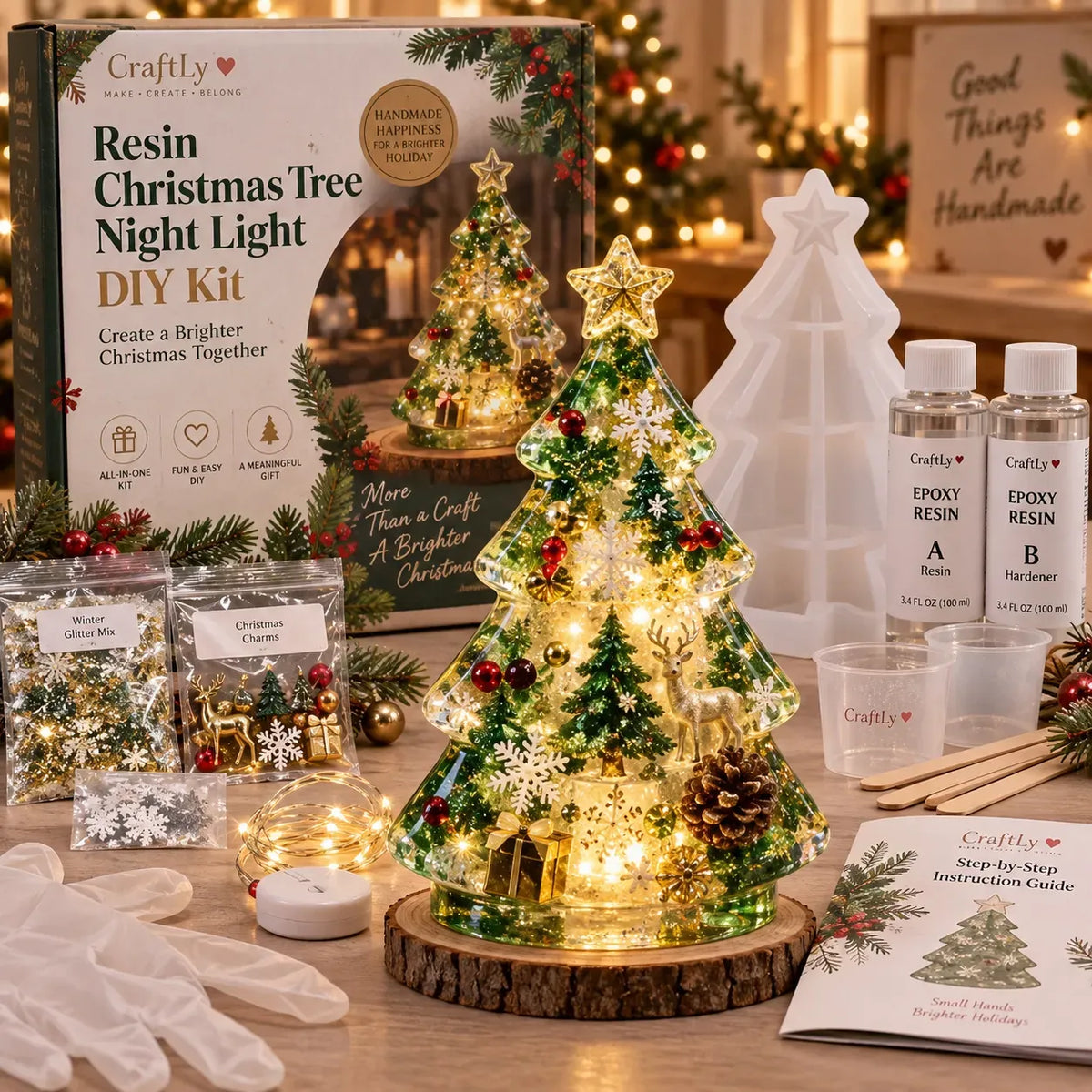 DIY Christmas tree night light kit with mold resin and decorating supplies