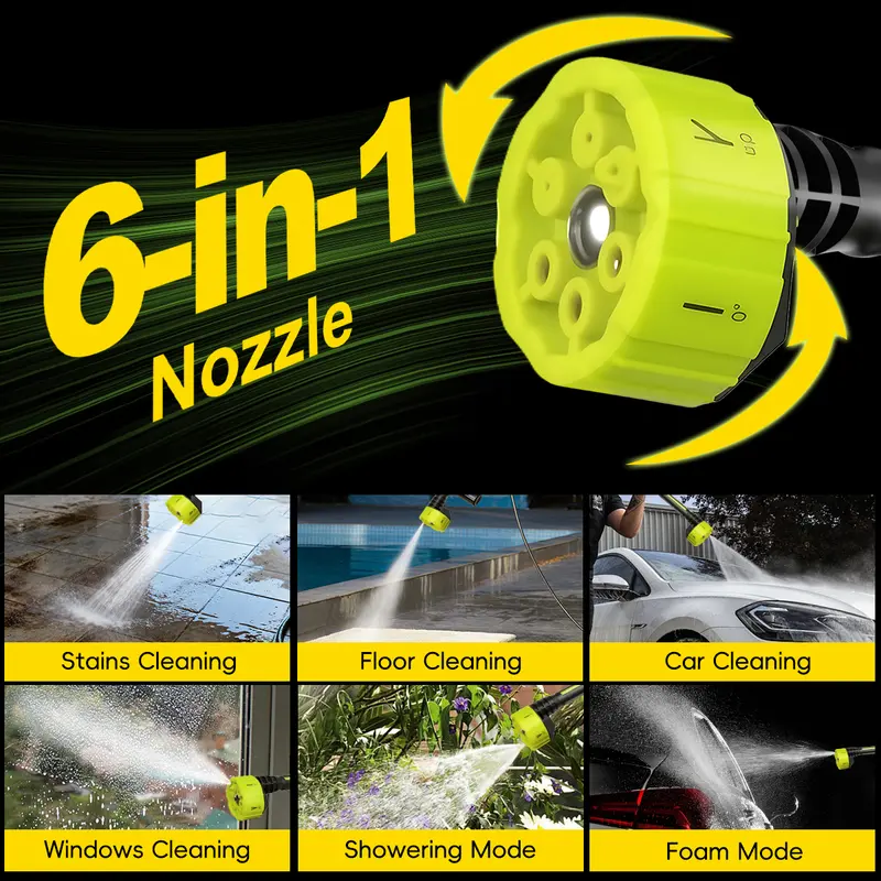 SEESE Cordless Pressure Washer Gun, 1000 PSI Portable Electric Washer for Vehicle, Driveway & Deck - Ergonomic Handle Design with 30min Runtime & 6-in-1 Nozzle