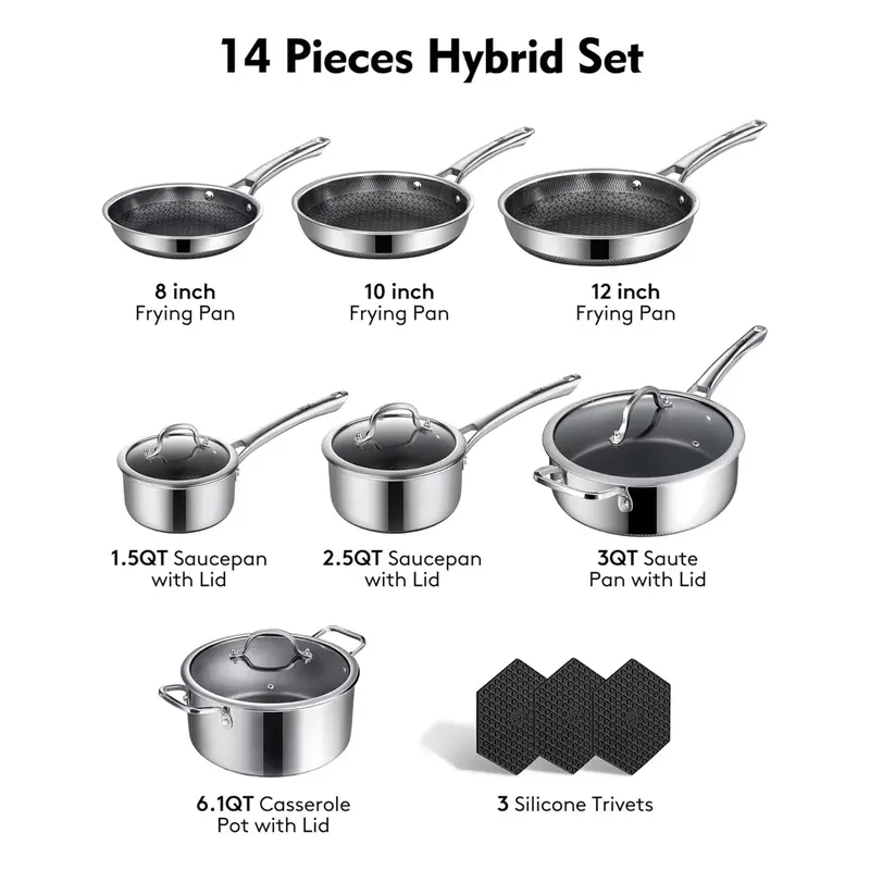 SNOWCLAD 10-Pc & 14-Pc Hybrid Nonstick Stainless Steel Cookware Sets with Thermal Lids - Saucepan, Frying Pans, Pot Sets for Cooking Nonstick, Oven/Dishwasher Safe, Induction Ready, PFOA-Free Kitchen Supplies, Household Items