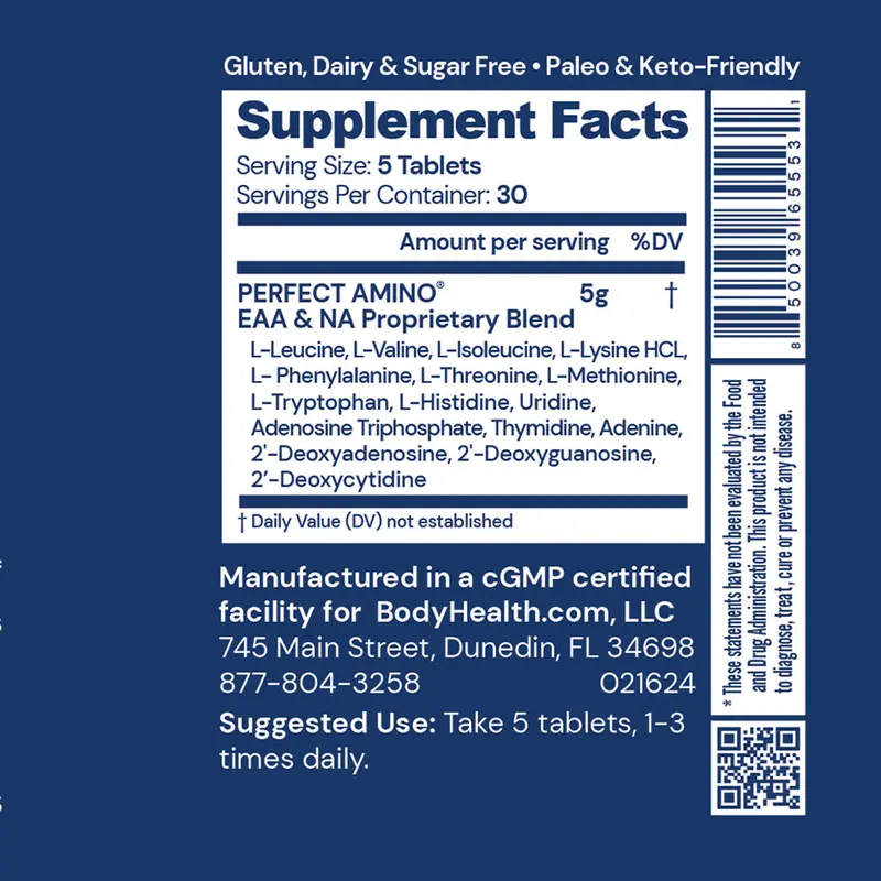 BODYHEALTH Perfect Amino Tablets - Essential Amino Acids & BCAAs Muscle Recovery Protein Without Caloric - Vegan, No Gluten, Dairy, Soy, Sugar Supplement, Optimum Protein Health & Fitness Healthcare Dietary, Protein Powder, Gym, Collagen