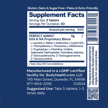 BODYHEALTH Perfect Amino Tablets - Essential Amino Acids & BCAAs Muscle Recovery Protein Without Caloric - Vegan, No Gluten, Dairy, Soy, Sugar Supplement, Optimum Protein Health & Fitness Healthcare Dietary, Protein Powder, Gym, Collagen