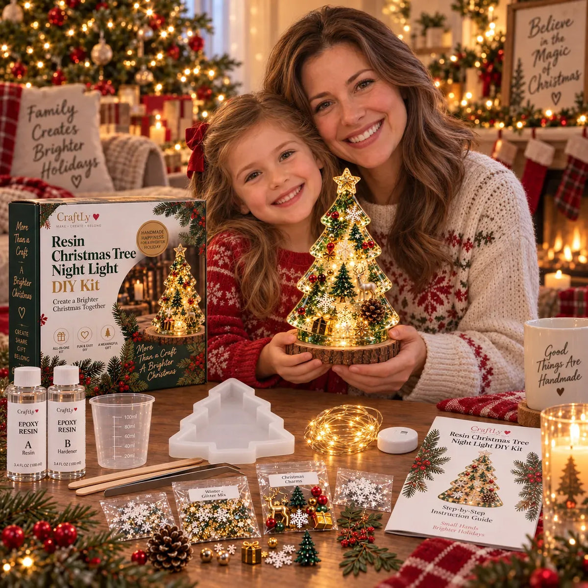 Adult and child displaying a finished resin Christmas tree