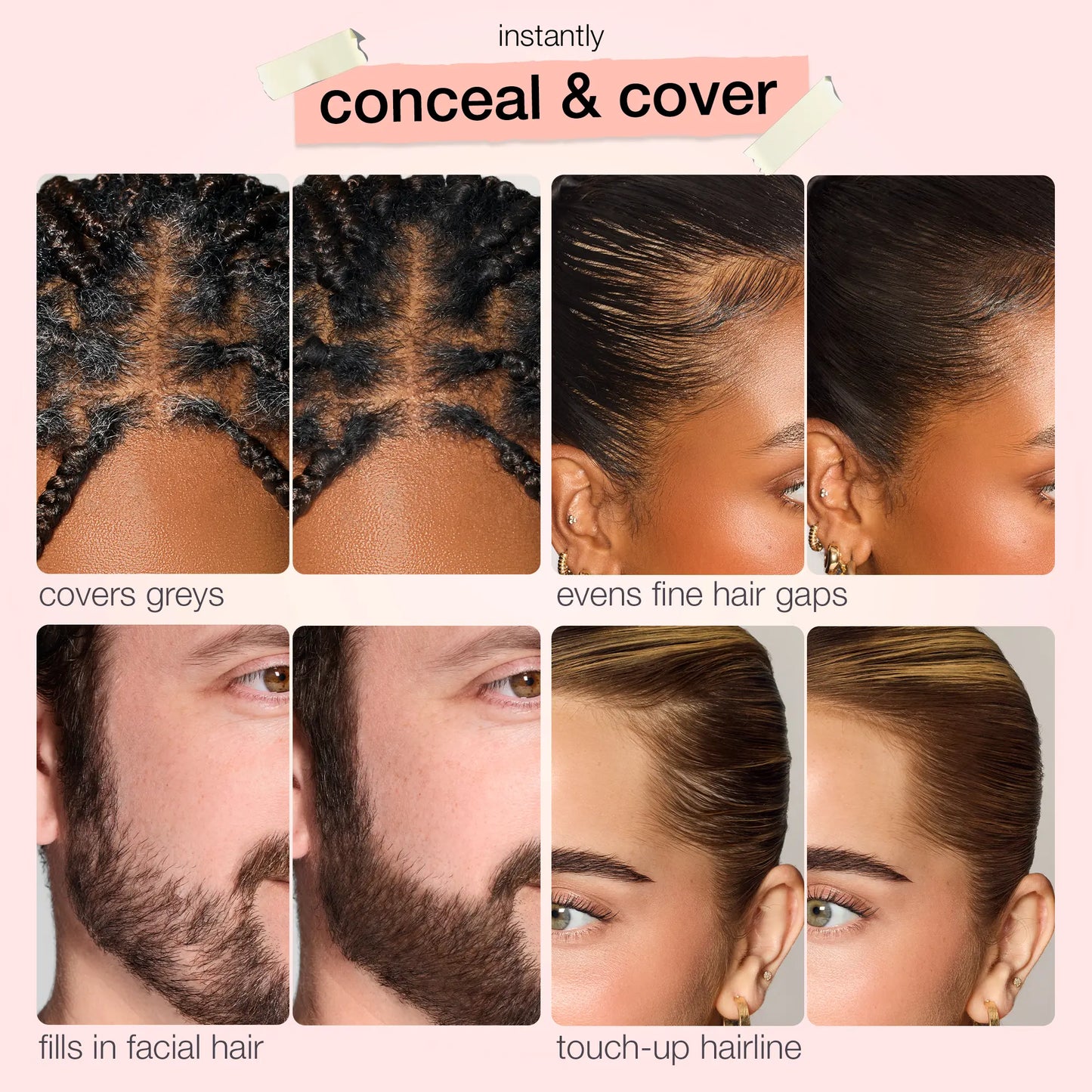 Four uses: covers greys, evens fine hair gaps, fills in facial hair, touch-up hairline