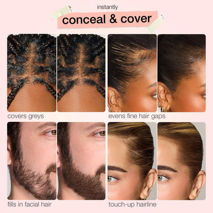 Four uses: covers greys, evens fine hair gaps, fills in facial hair, touch-up hairline