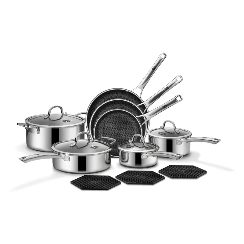 SNOWCLAD 10-Pc & 14-Pc Hybrid Nonstick Stainless Steel Cookware Sets with Thermal Lids - Saucepan, Frying Pans, Pot Sets for Cooking Nonstick, Oven/Dishwasher Safe, Induction Ready, PFOA-Free Kitchen Supplies, Household Items