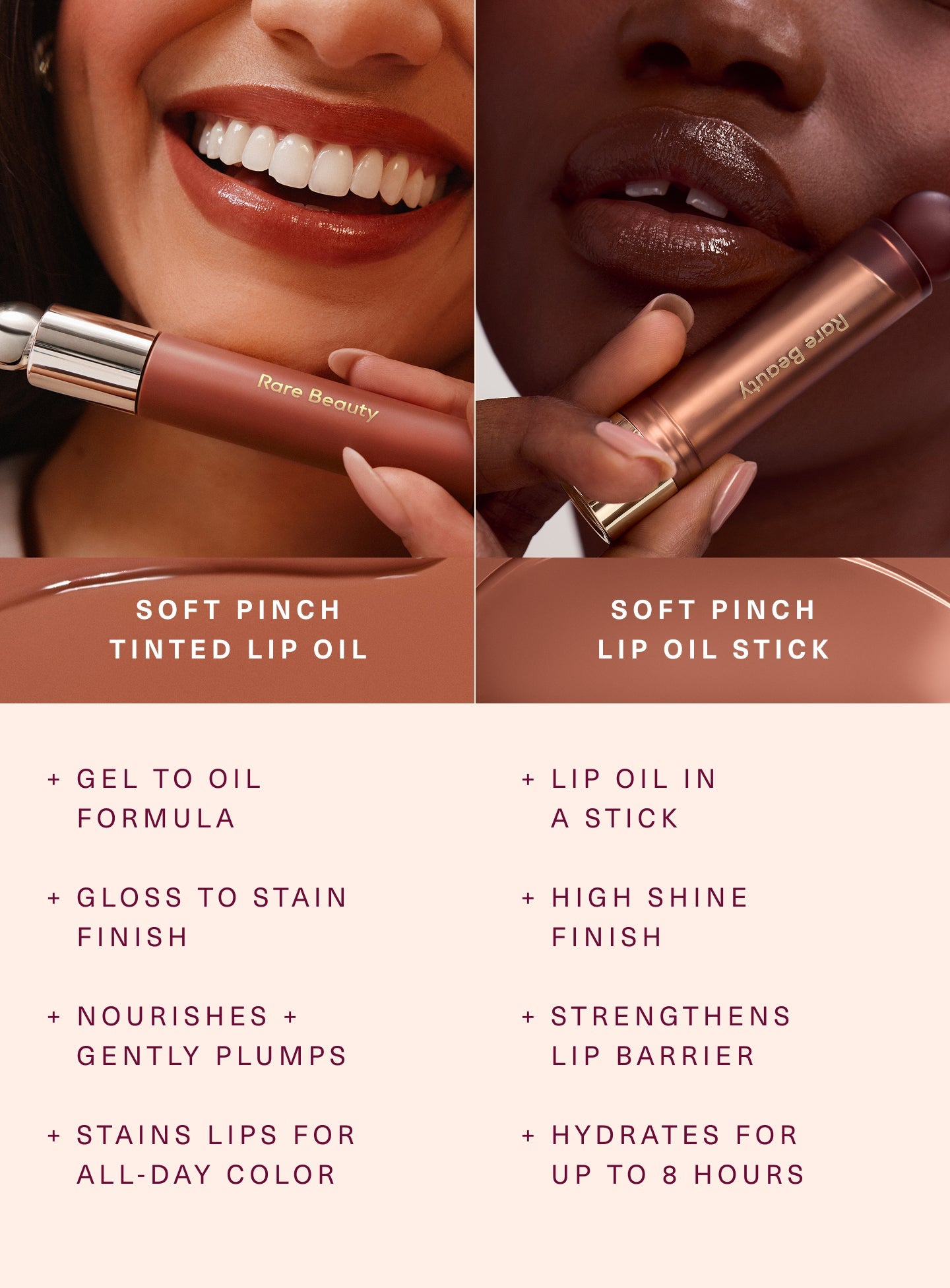 Rare Beauty Soft Pinch Lip Oil Stick shade comparison on lips