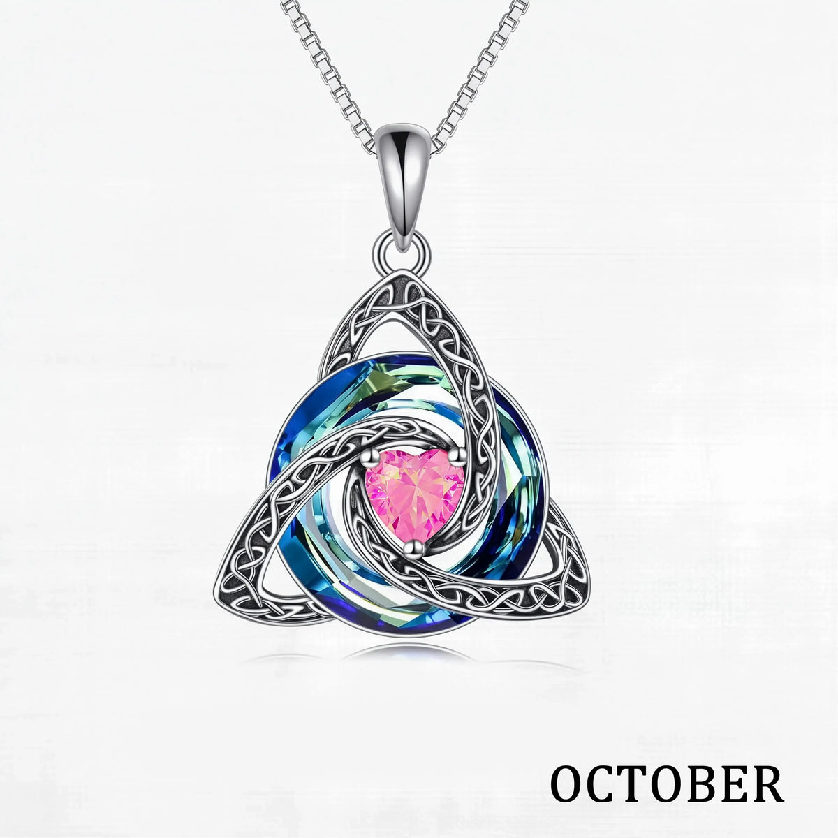 October birthstone Celtic knot necklace with white gift box