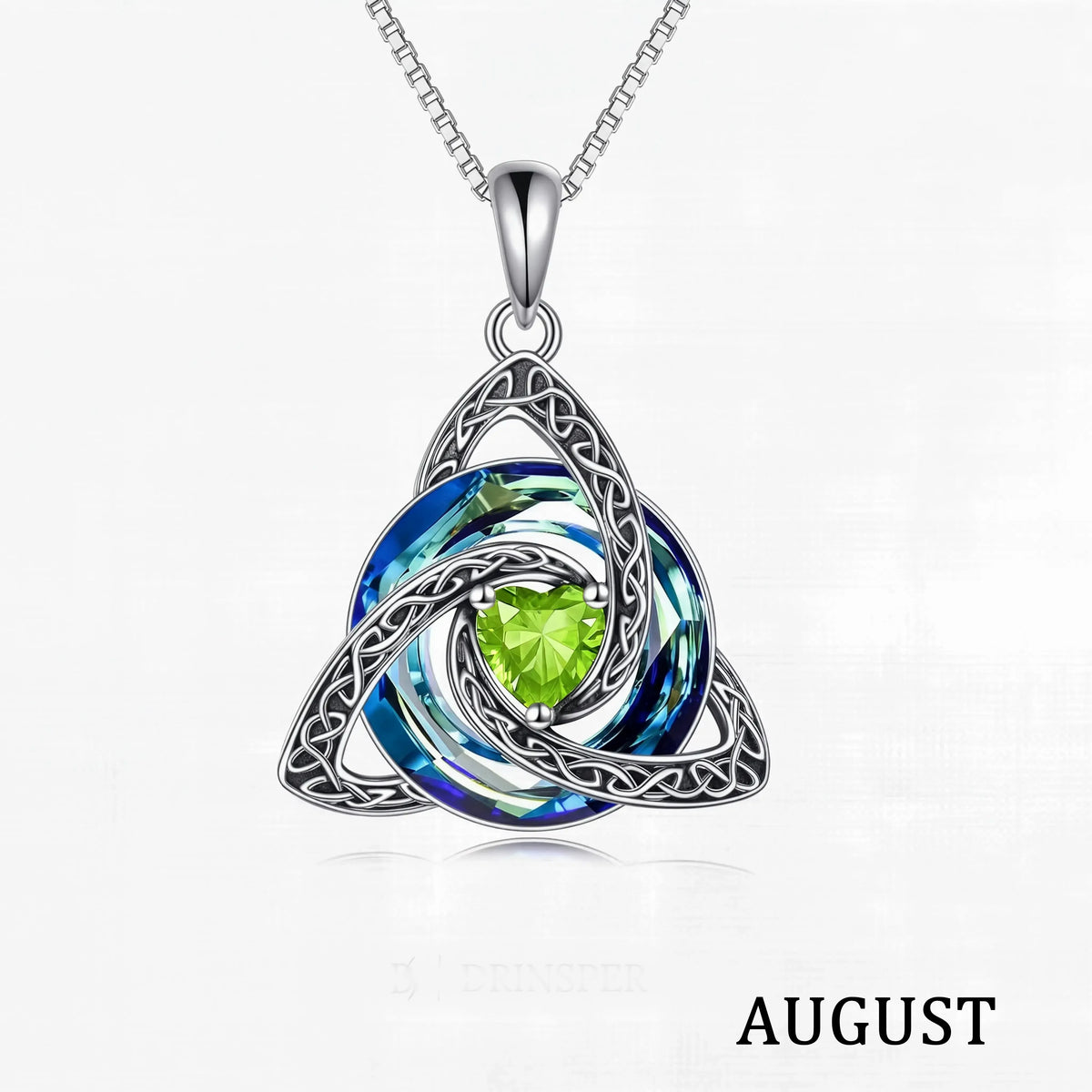 August birthstone Celtic knot necklace with white gift box