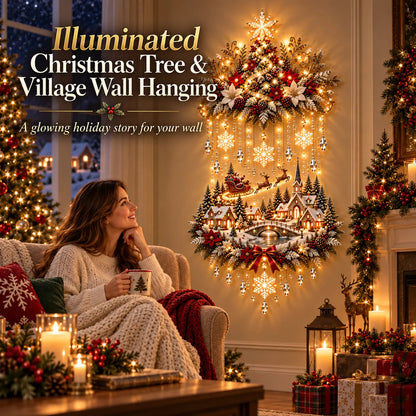 Illuminated Christmas tree and snowy village wall hanging