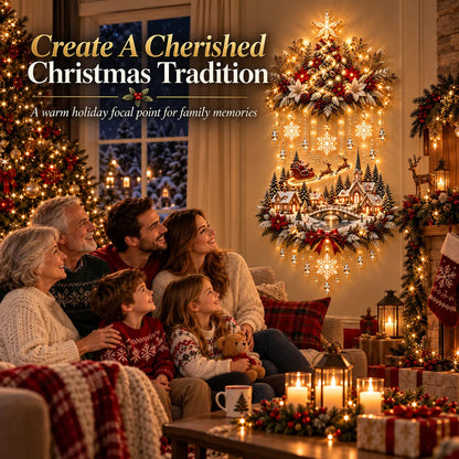 Christmas tree and village wall decor styled for a family gathering