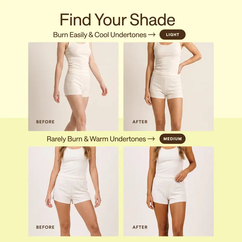 Beauty by Earth Light and Medium self-tanner shade guide with before-and-after examples; results vary