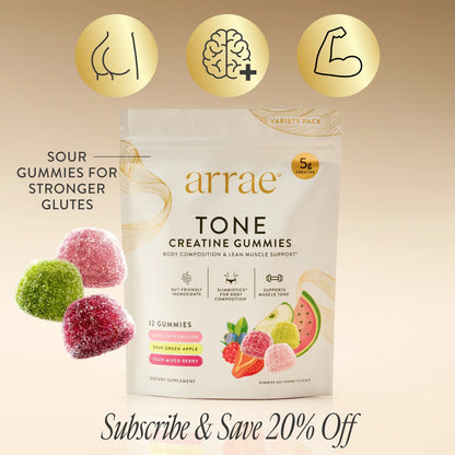 Arrae Tone Variety Creatine Gummies 32-count pouch with three sour flavors