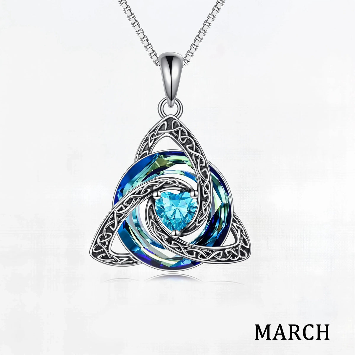 March birthstone Celtic knot necklace with white gift box
