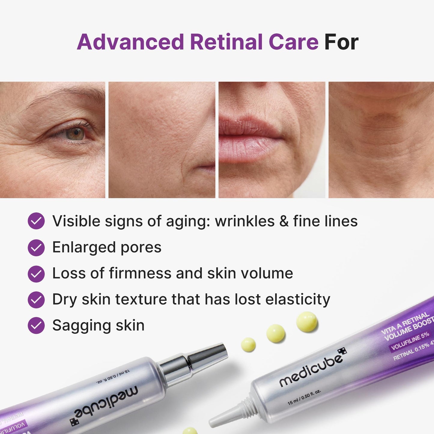 Visible skin concerns targeted by medicube Vita A Retinal Volume Booster