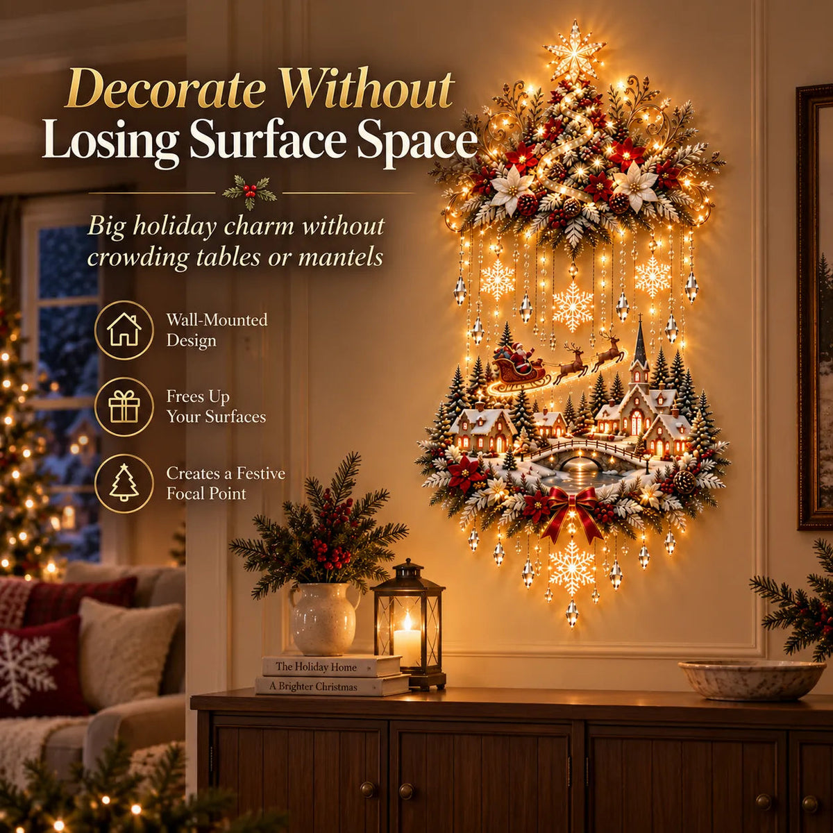 Vertical Christmas wall hanging that keeps surfaces clear