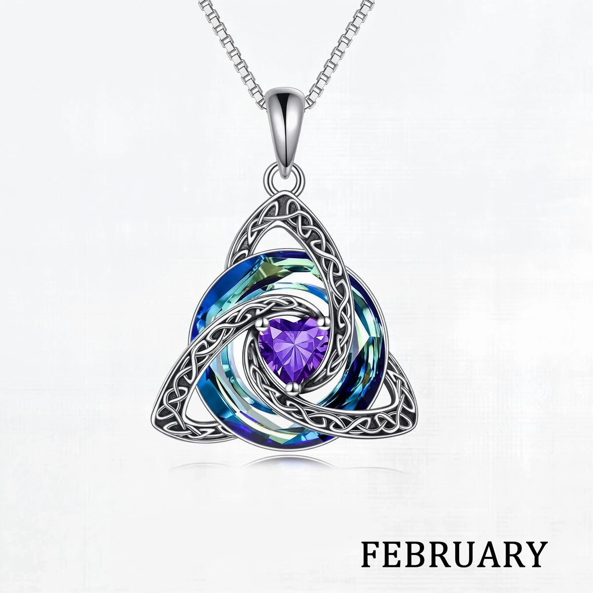 February birthstone Celtic knot necklace with white gift box