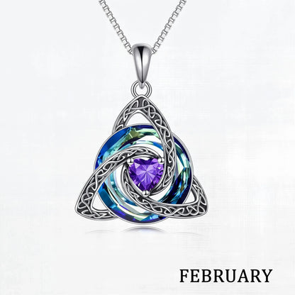 February birthstone Celtic knot necklace with white gift box