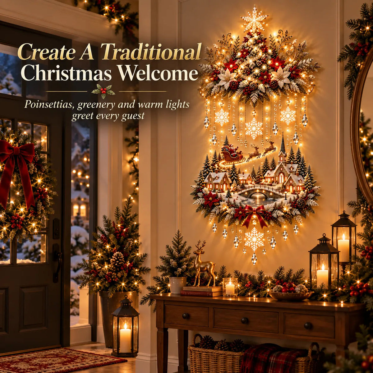 Traditional Christmas tree and village wall display