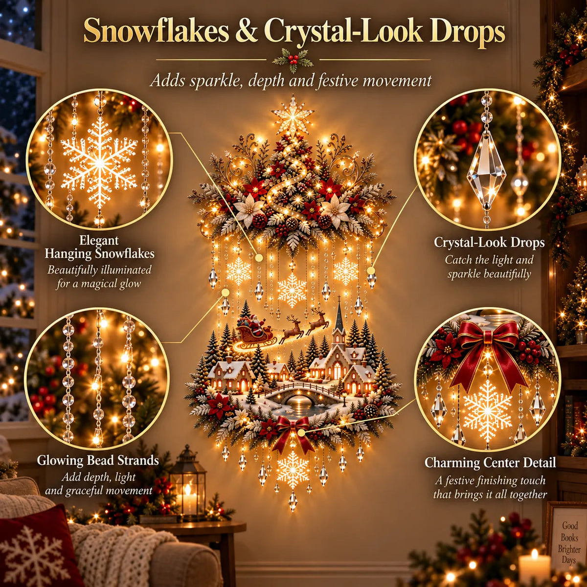 Christmas wall decor with snowflakes and crystal-look hanging drops