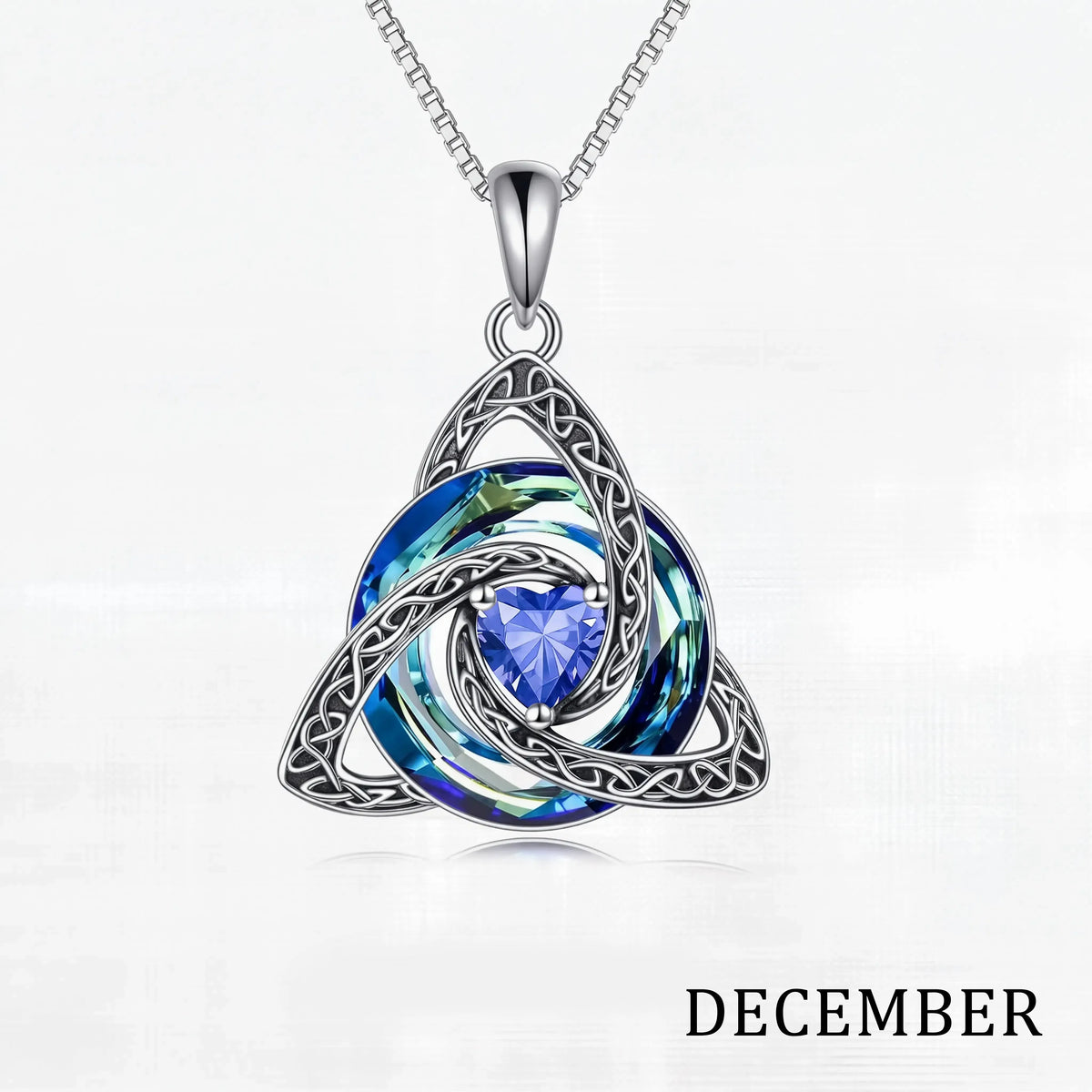 December birthstone Celtic knot necklace with white gift box
