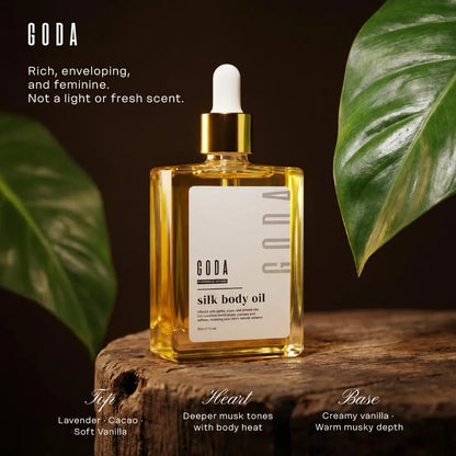 GODA Silk Body Oil bottle with warm vanilla amber scent notes