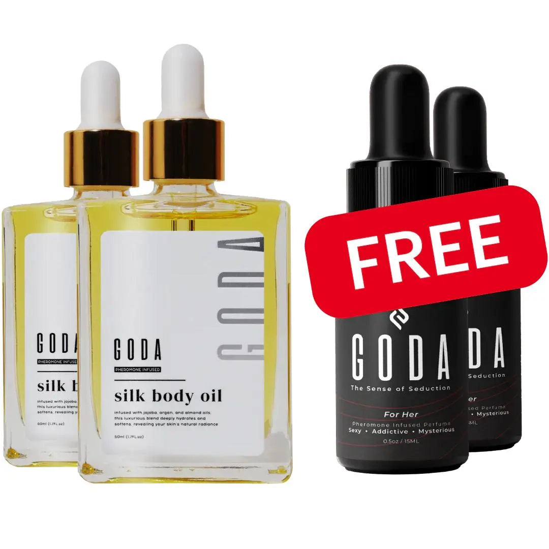 Two GODA Silk Body Oils with two For Her pheromone fragrances bundle