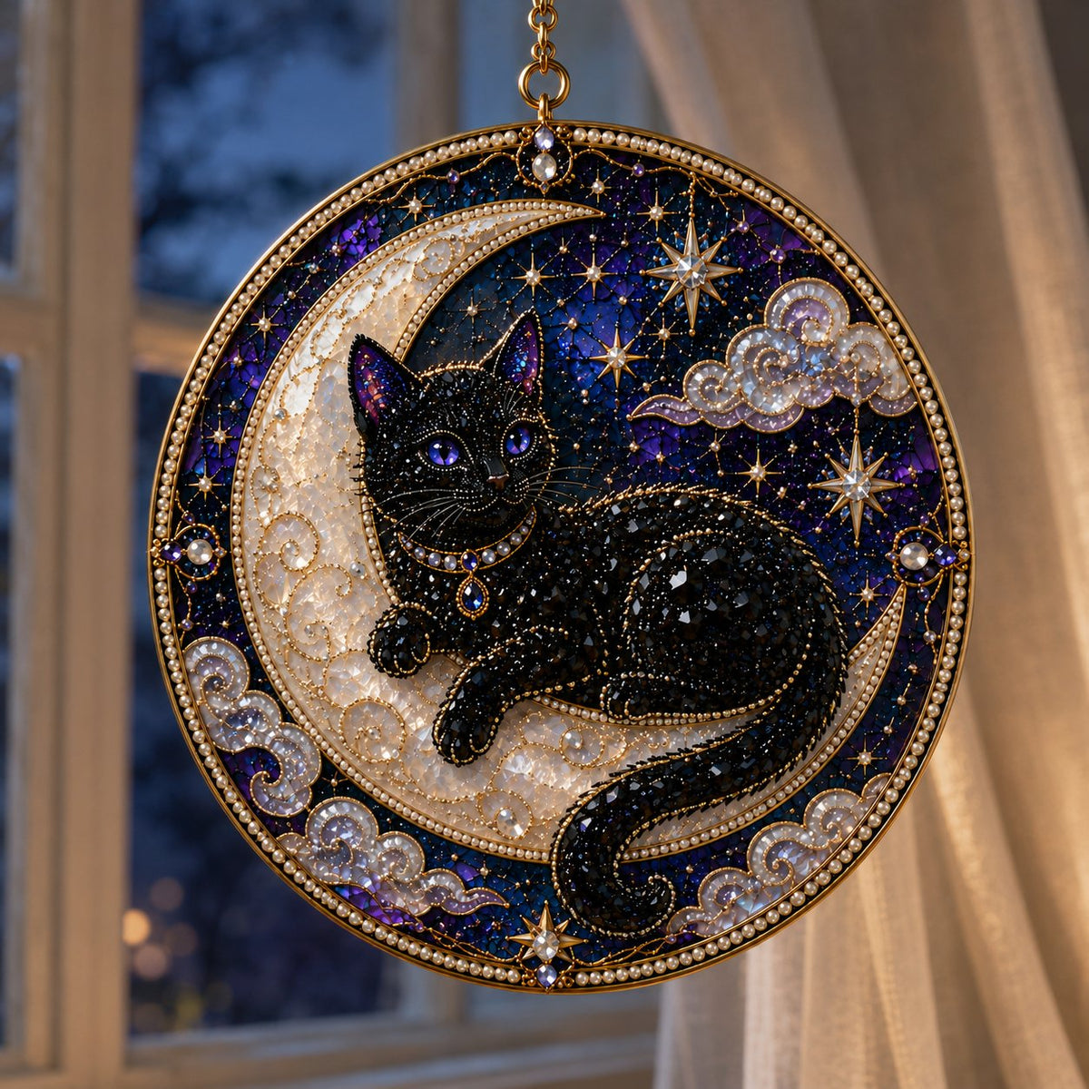 🔥Last Day 50% OFF - 🌙 DIY Celestial Black Cat Window Hanging Kit | 3D Pearl Bead Suncatcher 🔮✨