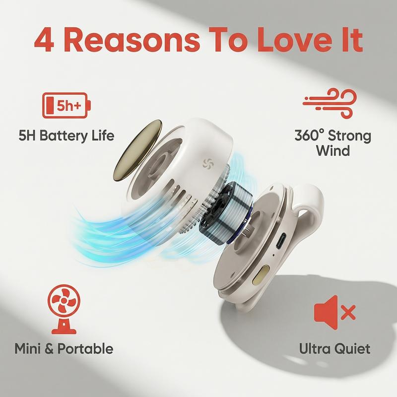❄️ Mini Bladeless Clip Fan – Portable 5H Battery, 3 Speeds, 360° Rotation